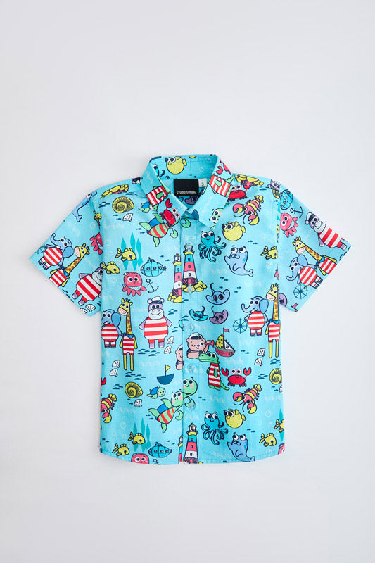beach wear kids shirt in blue color with sea creatures design