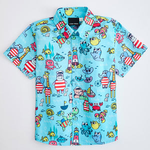 beach wear kids shirt in blue color with sea creatures design