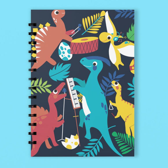 A5 Spiral 150 Pages Dinosaur Concert Navy Print Notebook - Cute and Cool Kidswear
