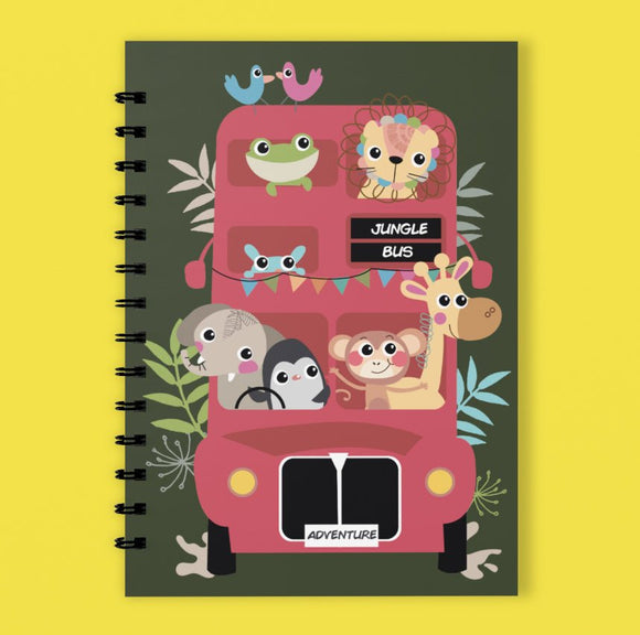 A5 Spiral 150 Pages Jungle Bus Olive Print Notebook - Cute and Cool Kidswear