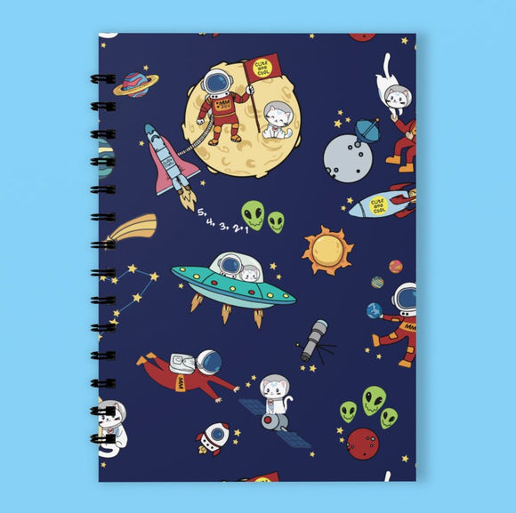 A5 Spiral 150 Pages Miss Meteor And Space Kit Midnight Blue Print Notebook - Cute and Cool Kidswear