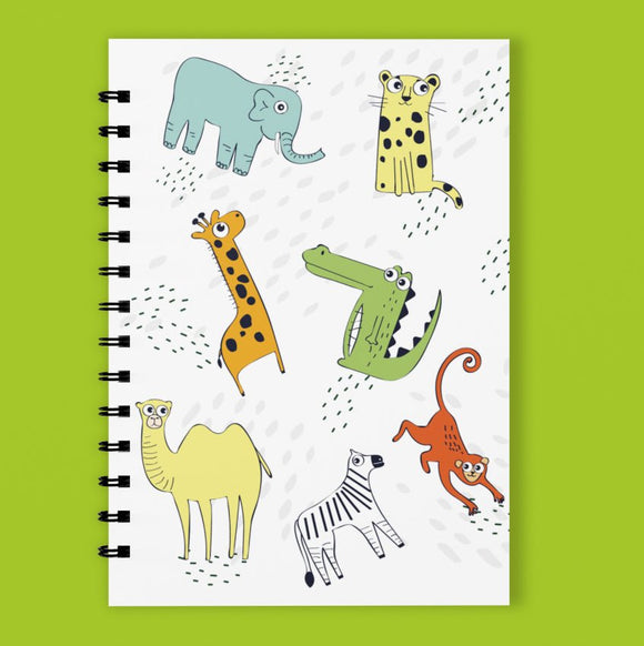 A5 Spiral 150 Pages White Safari Animals Print Notebook - Cute and Cool Kidswear