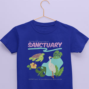 Blue kids cotton t-shirt with bird sanctuary artwork