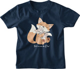 cotton t-shirt for kids with father and son fox artwork in navy color