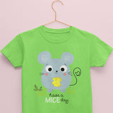 Kids cotton t-shirt with mouse graphic and cute caption that reads have a mice day