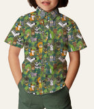 kids cartoon shirt with jungle animals design in cotton fabric and olive color