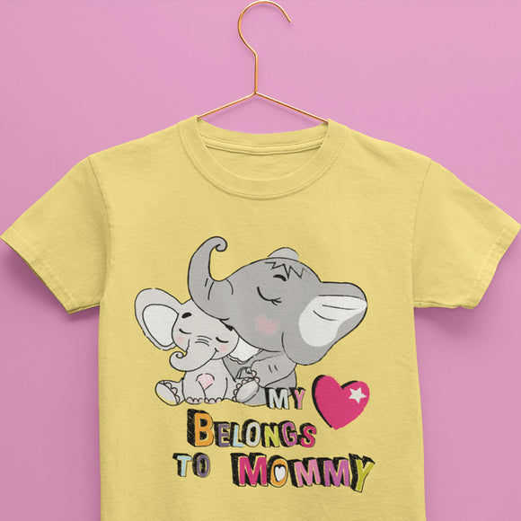 Light Yellow Kids Cotton Tshirt with print that has a baby elephant and its mom with text saying My Heart Belongs To Mommy
