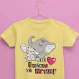 Light Yellow Kids Cotton Tshirt with print that has a baby elephant and its mom with text saying My Heart Belongs To Mommy