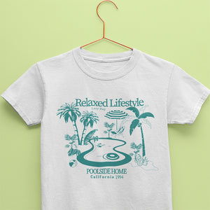 White vacation t-shirt for kids with poolside print