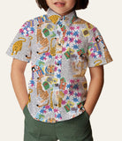 boy wearing a kids party wear shirt with tiger and forest animals design in cotton