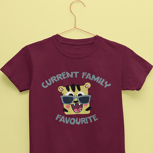 half sleeves cotton t-shirt for boys in maroon color with tiger print and caption that says current family favourite