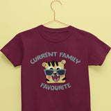 half sleeves cotton t-shirt for boys in maroon color with tiger print and caption that says current family favourite