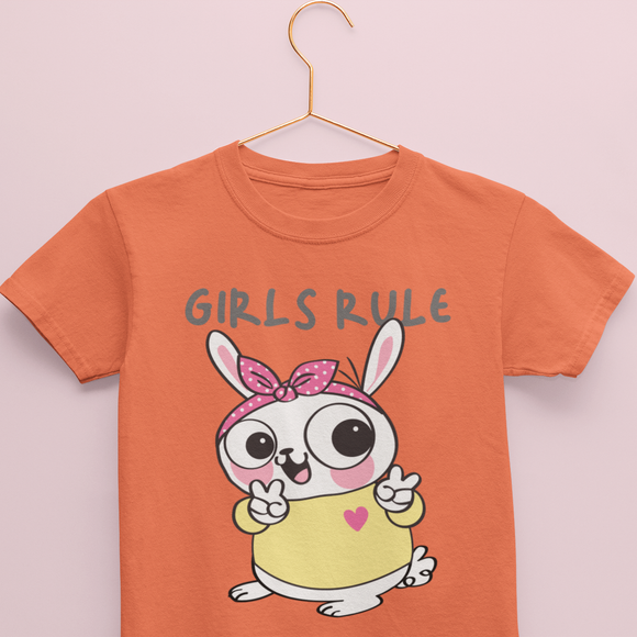 Orange Kids Cotton Tshirt from Kidswear Brand - Cute and Cool with print that has a rabbit and quote that says Girls Rule