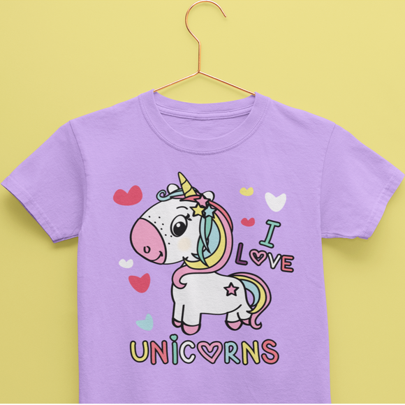 Lavender Kids Cotton Tshirt from Kidswear Brand - Cute and Cool with print that has a unicorn and quote that says I love unicorns