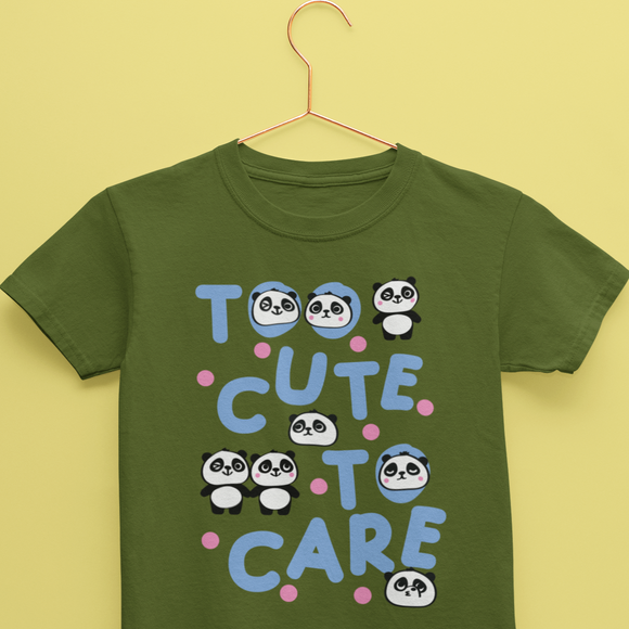 Olive Kids Cotton Tshirt from Kidswear Brand - Cute and Cool with print that has pandas and quote that says Too Cute To Care