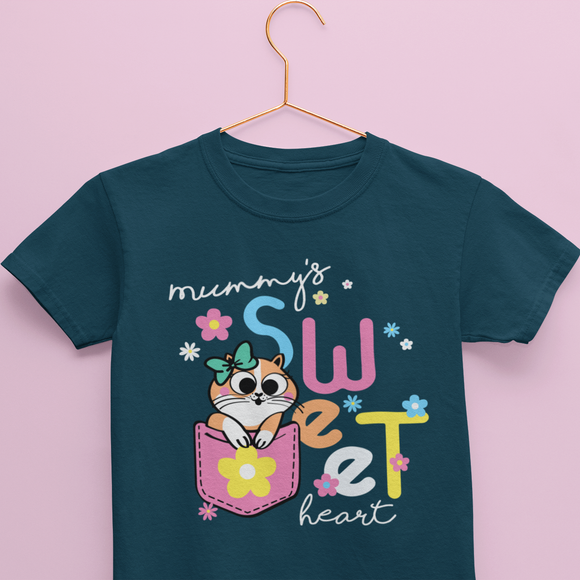 Navy Kids Cotton Tshirt from Kidswear Brand - Cute and Cool with print that has a kitten and text that says Mummy’s Sweetheart