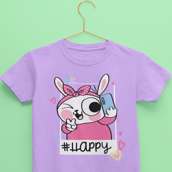 Lavender Kids Cotton Tshirt from Kidswear Brand - Cute and Cool with print that has a rabbit taking a selfie and text saying Happy on it