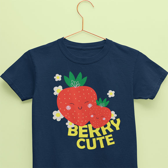 Navy kids cotton tshirt for baby and toddler with strawberry print