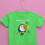 Green t-shirt for boys with toucan print and caption that says mummy's favorite person