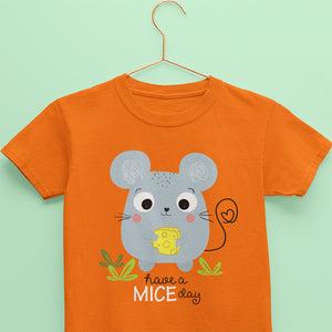 Kids cotton t-shirt with mouse graphic and cute caption that reads have a mice day