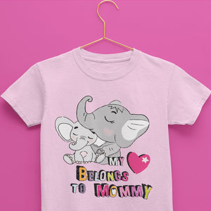 Light Yellow Kids Cotton Tshirt with print that has a baby elephant and its mom with text saying My Heart Belongs To Mommy