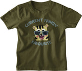 cotton text t-shirt for kids in olive color that reads current family favorite and has a cartoon tiger