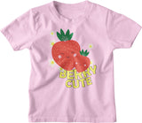 Pink cotton tshirt for baby and toddler girls with strawberry print and caption that says Berry Cute