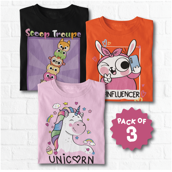 Cotton Tees - Pack of 3-Unicorn, Influencer Bunny,Scoop Troupe Print