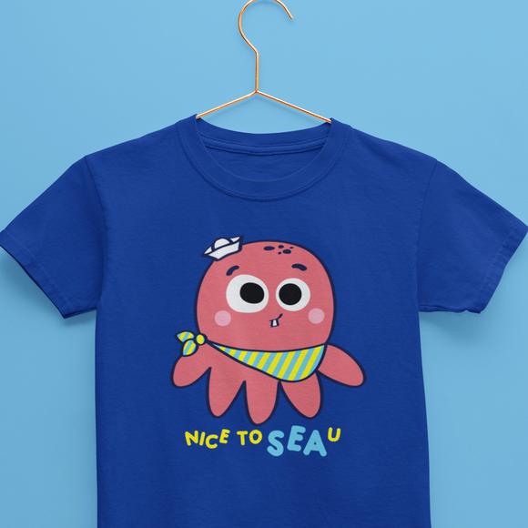 Royal Blue Kids Cotton T-shirt with print that has an octopus and text that says Nice to sea you.