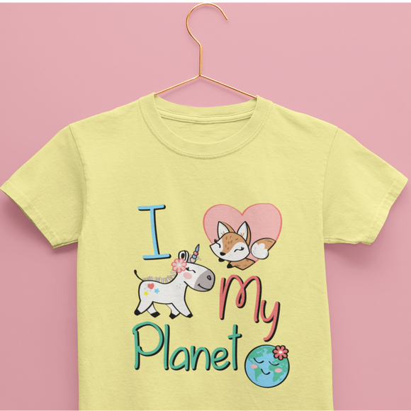  Light Yellow Kids Cotton Tshirt from Kidswear Brand - Cute and Cool with print that has a squirrel and unicorn with a quote that says I love my planet