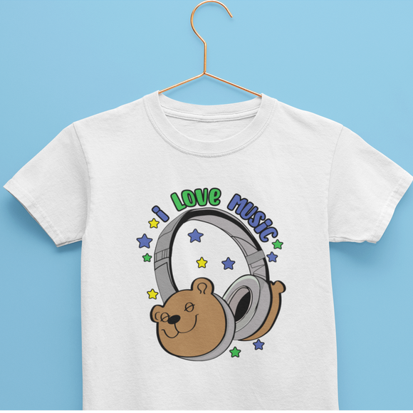 White Kids Cotton T-shirt with print that has headphones with a bear face and text that says I love Music.