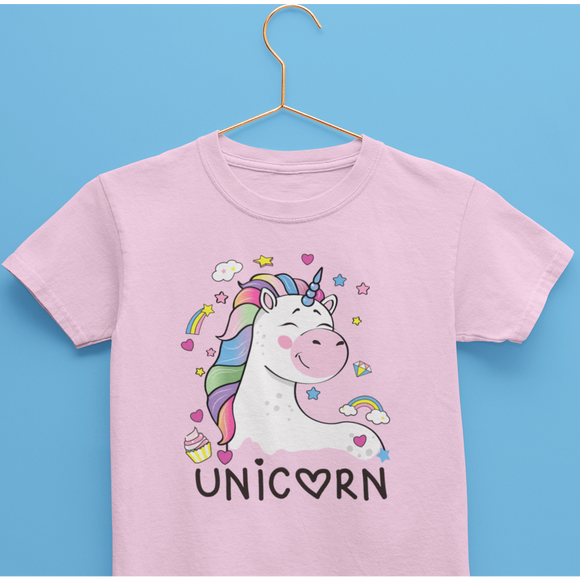Light Pink Kids Cotton Tshirt from Kidswear Brand - Cute and Cool with print that has a unicorn and text that says Unicorn