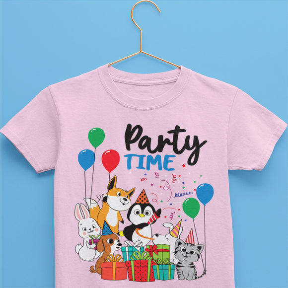 Light Pink Kids Cotton T-shirt with print that animal with balloons on it and text that reads Party Time