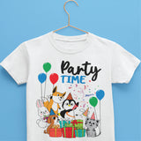 White Kids Cotton T-shirt with print that animal with balloons on it and text that reads Party Time