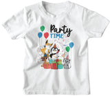 White Kids Cotton T-shirt with print that animal with balloons on it and text that reads Party Time