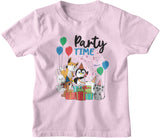 Light Pink Kids Cotton T-shirt with print that animal with balloons on it and text that reads Party Time